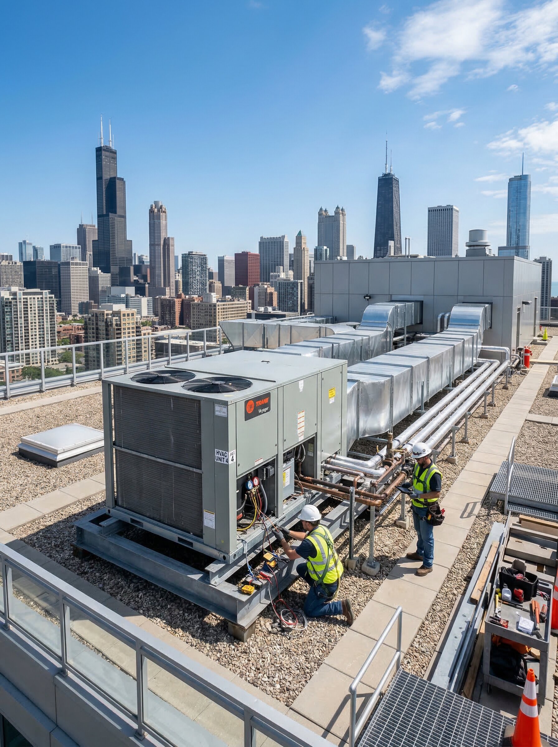 Northern Weathermakers crew working on a commercial rooftop HVAC installation in Chicago
